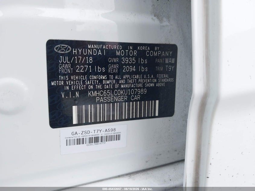 2019 Hyundai Ioniq hybrid VIN KMHC65LC0KU107989 IAAI salvage auction — NORMAL WEAR, Sf97 (California), sold $7,500 on 2026-07-28 (photo 9)