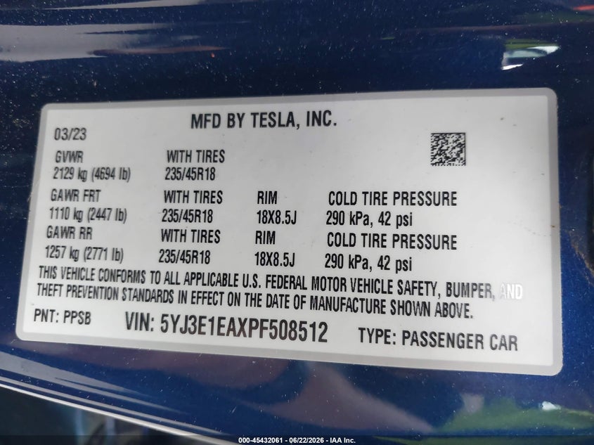 2023 Tesla Model 3 VIN 5YJ3E1EAXPF508512 IAAI salvage auction — LEFT & RIGHT, Salvage Title, sold $25 on 2026-07-21 (photo 9)