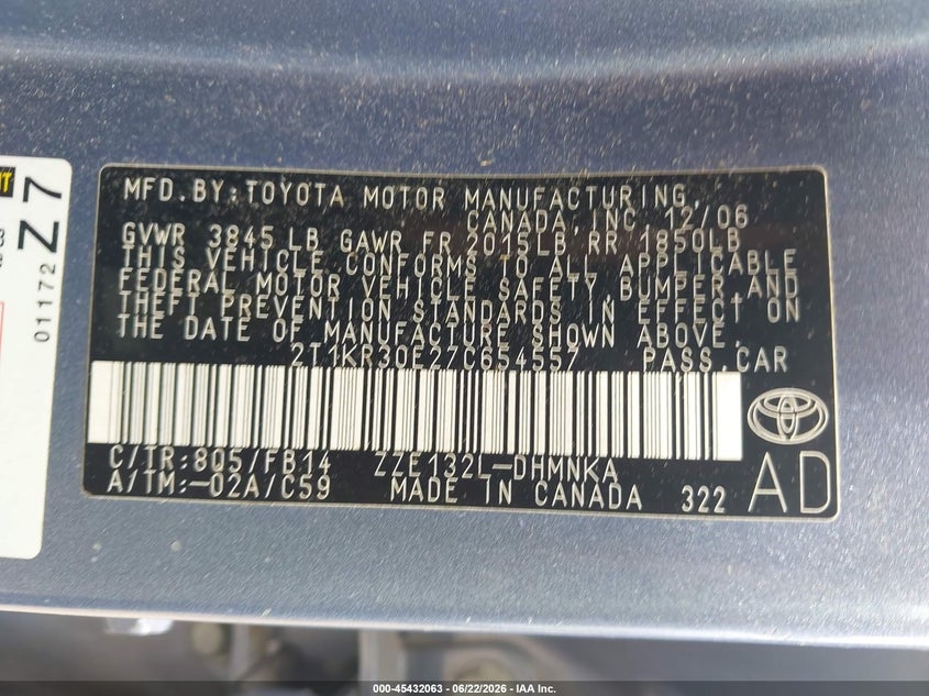 2007 Toyota Matrix VIN 2T1KR30E27C654557 IAAI salvage auction — RIGHT FRONT, Salvage - Greater Than 75% (Maryland), sold $775 on 2026-07-09 (photo 9)
