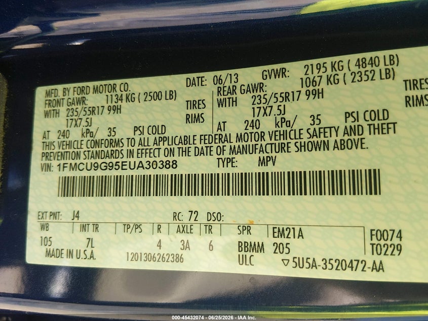 2014 Ford Escape VIN 1FMCU9G95EUA30388 IAAI salvage auction — FRONT END, Salvage (Nevada), sold $125 on 2026-07-18 (photo 9)
