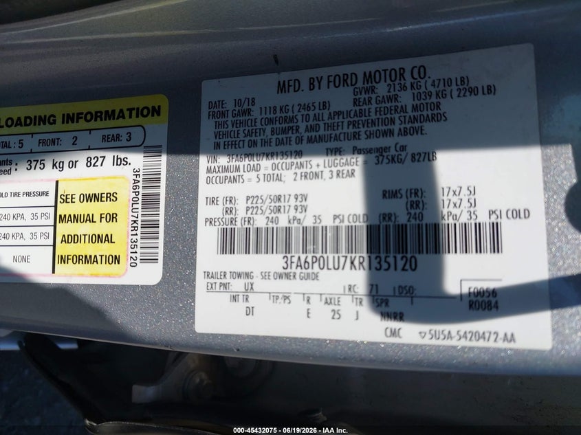 2019 Ford Fusion VIN 3FA6P0LU7KR135120 IAAI salvage auction — RIGHT SIDE, Salvage Certificate (California), sold $875 on 2026-07-31 (photo 9)