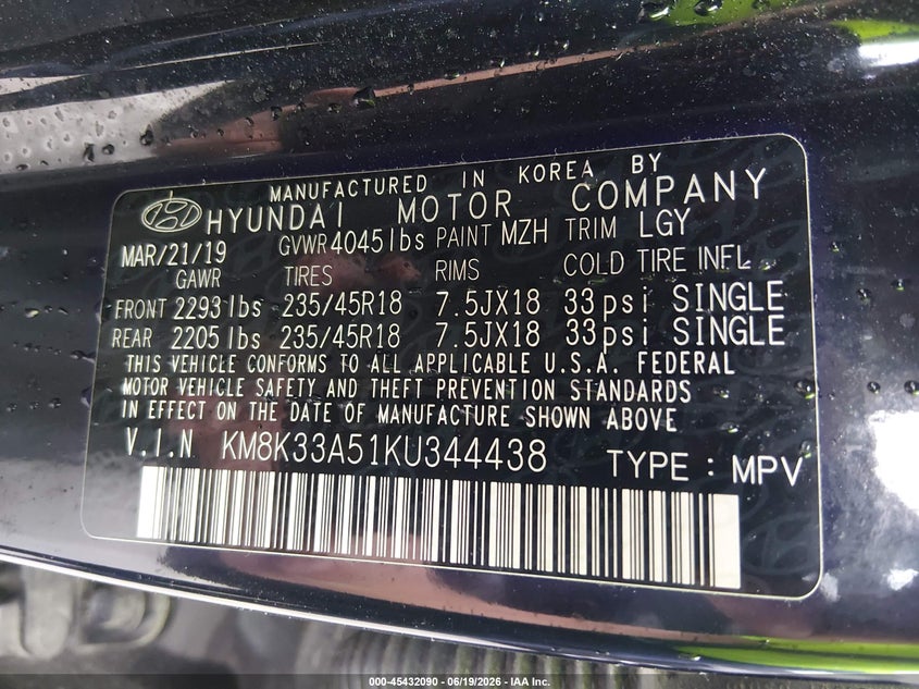 2019 Hyundai Kona VIN KM8K33A51KU344438 IAAI salvage auction — FRONT END, Salvage Title, sold $1,675 on 2026-07-29 (photo 9)