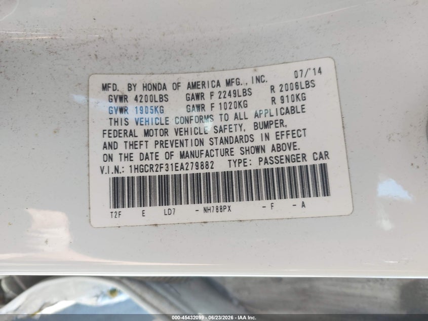 2014 Honda Accord VIN 1HGCR2F31EA279882 IAAI salvage auction — LEFT SIDE, Salvage Title, sold $1,400 on 2026-07-20 (photo 9)