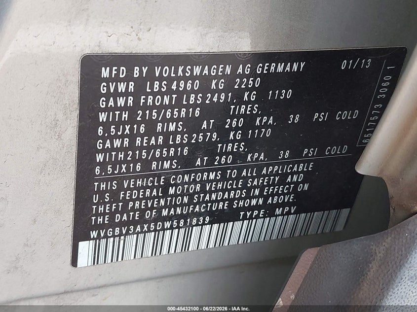 2013 Volkswagen Tiguan VIN WVGBV3AX5DW581839 IAAI salvage auction — NORMAL WEAR, Clear (Mississippi), sold $575 on 2026-07-30 (photo 9)