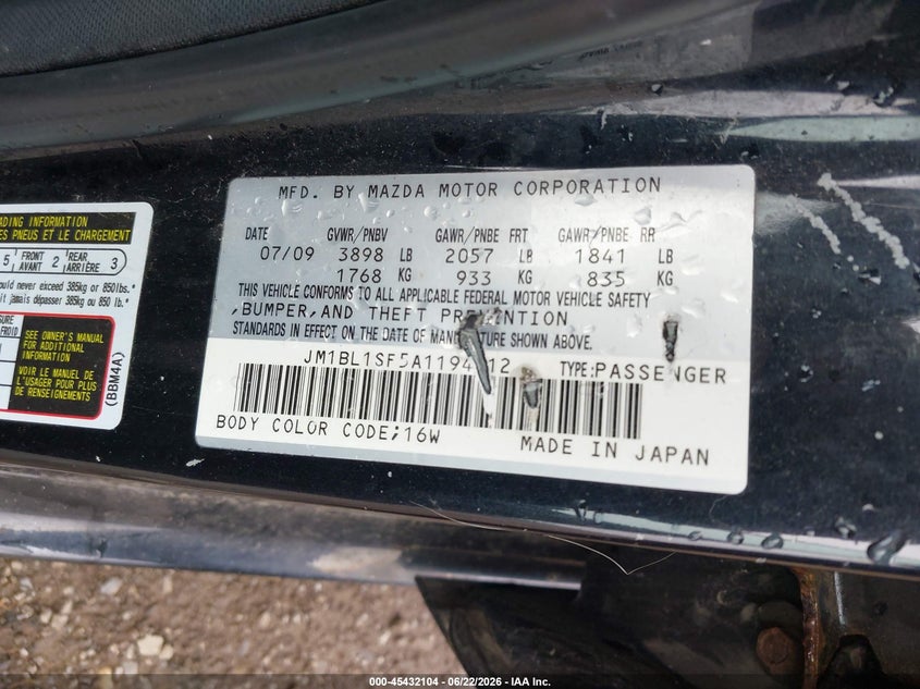 2010 Mazda 3 VIN JM1BL1SF5A1194012 IAAI salvage auction — LEFT FRONT, Mv-907A (New York), sold $225 on 2026-07-10 (photo 9)