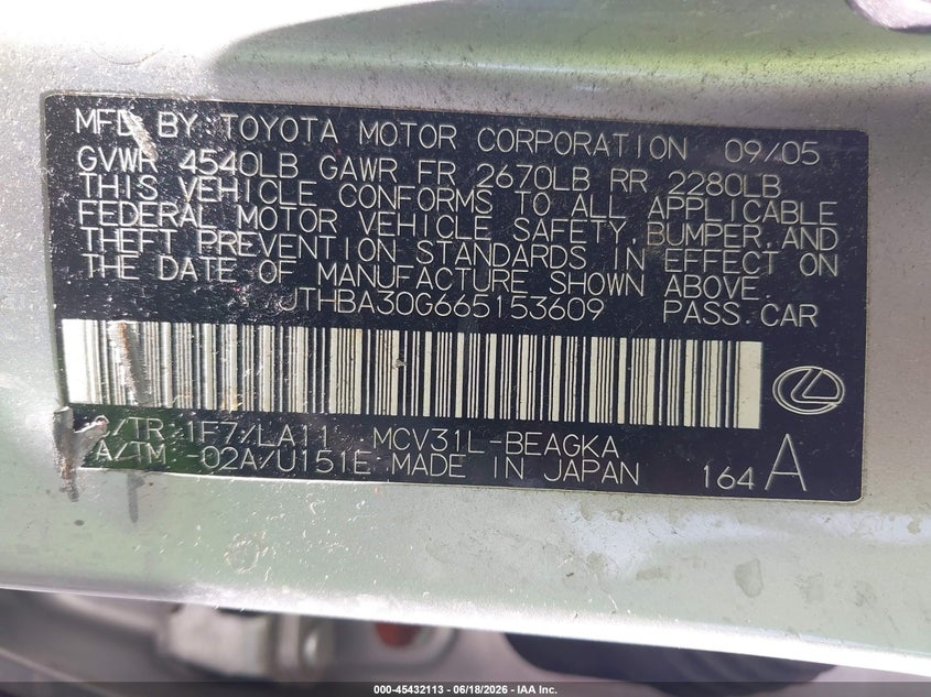 2006 Lexus Es 330 VIN JTHBA30G665153609 IAAI salvage auction — NORMAL WEAR, Clear-Dealer Only (North Carolina), sold $700 on 2026-07-29 (photo 9)
