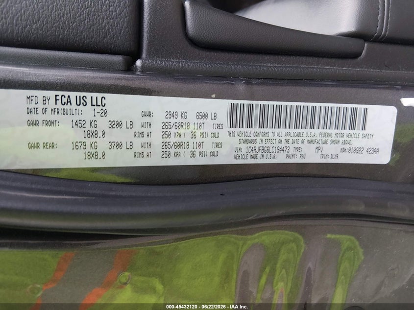 2020 Jeep Grand cherokee VIN 1C4RJFBG6LC194473 IAAI salvage auction — FRONT END, Salvage Title, sold $4,450 on 2026-07-26 (photo 9)