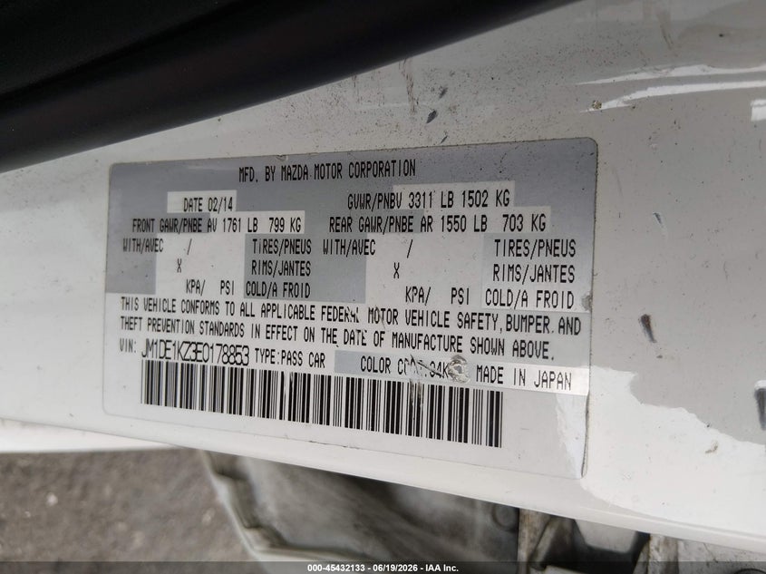2014 Mazda 2 VIN JM1DE1KZ3E0178853 IAAI salvage auction — LEFT FRONT, Salvage (California), sold $800 on 2026-07-23 (photo 9)