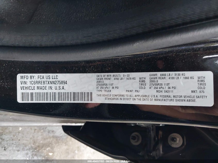 2022 Ram 1500 VIN 1C6RREBTXNN275894 IAAI salvage auction — LEFT FRONT, Salvage Title, sold $4,950 on 2026-07-23 (photo 9)