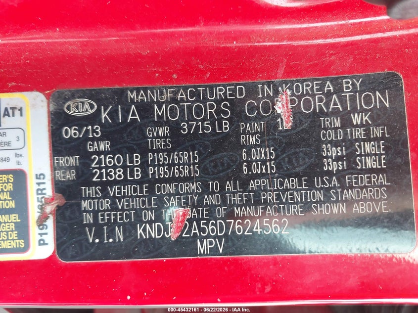 2013 Kia Soul VIN KNDJT2A56D7624562 IAAI salvage auction — RIGHT FRONT, Rebuildable (Florida), sold $325 on 2026-07-09 (photo 9)