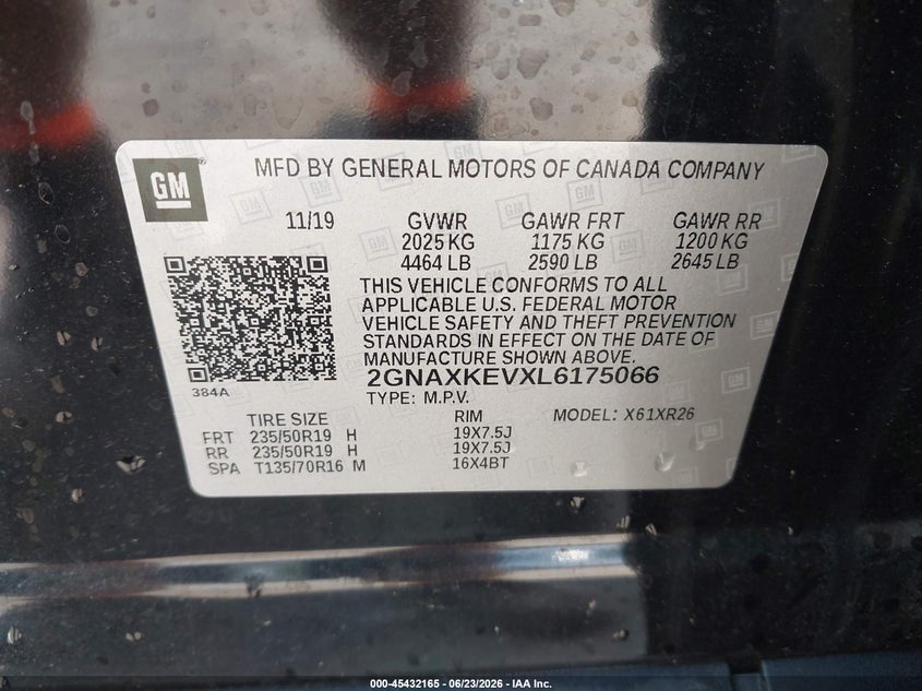 2020 Chevrolet Equinox VIN 2GNAXKEVXL6175066 IAAI salvage auction — FRONT END, Salvage Title, sold $3,700 on 2026-07-24 (photo 9)