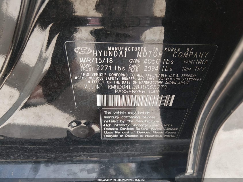 2018 Hyundai Elantra VIN KMHD04LB8JU665773 IAAI salvage auction — HAIL, Original (Texas), sold $1,500 on 2026-07-24 (photo 9)