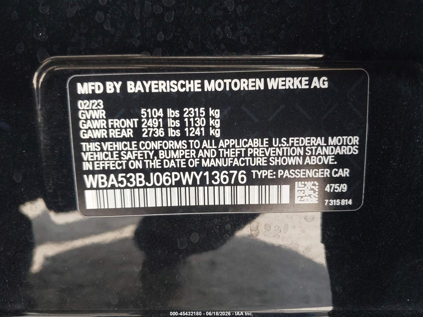 2023 BMW 5er VIN WBA53BJ06PWY13676 IAAI salvage auction — LEFT SIDE, Salvage Title, sold $19,800 on 2026-08-03 (photo 9)