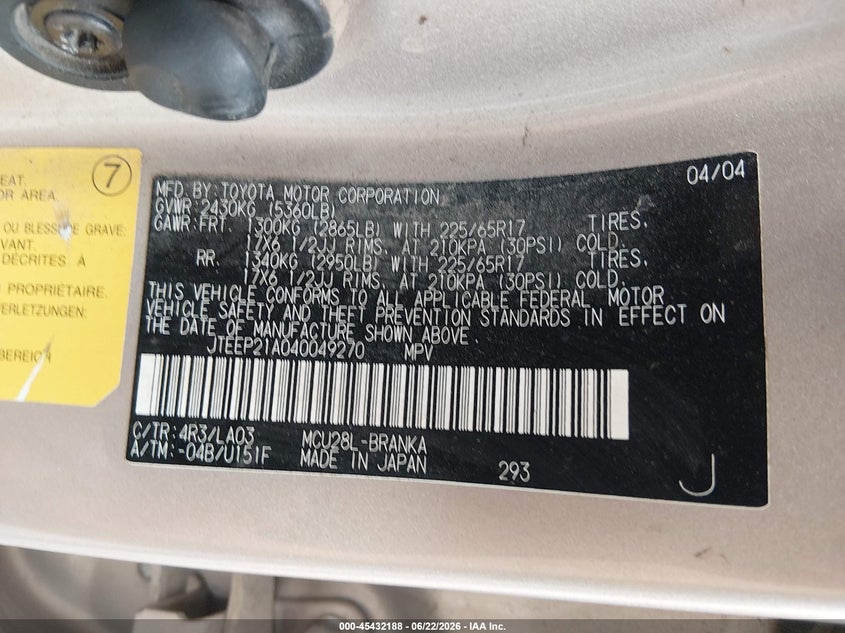 2004 Toyota Highlander VIN JTEEP21A040049270 IAAI salvage auction — LEFT FRONT, Clear (Montana), sold $1,000 on 2026-07-22 (photo 9)