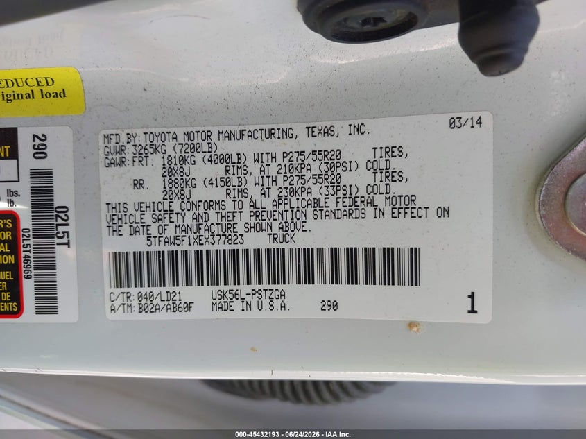 2014 Toyota Tundra VIN 5TFAW5F1XEX377823 IAAI salvage auction — REAR END, Salvage (Texas), sold $9,400 on 2026-07-28 (photo 9)