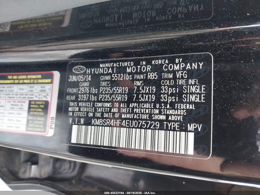 2014 Hyundai Santa fe VIN KM8SR4HF4EU075729 IAAI salvage auction — RIGHT SIDE, Salvage Title, sold $2,050 on 2026-07-24 (photo 9)