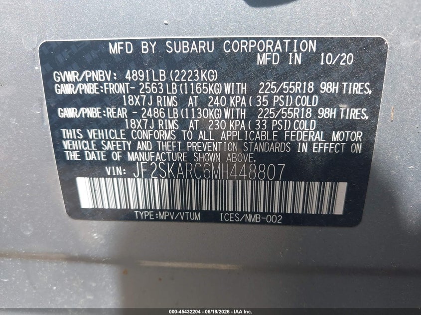 2021 Subaru Forester VIN JF2SKARC6MH448807 IAAI salvage auction — FRONT & REAR, Salvage Title, sold $1,600 on 2026-07-30 (photo 9)