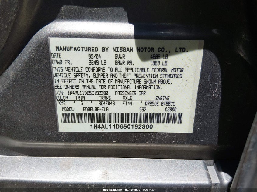 2005 Nissan Altima VIN 1N4AL11D65C192300 IAAI salvage auction — SIDE, Salvage (Arizona), sold $75 on 2026-07-09 (photo 9)
