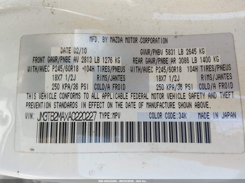 2010 Mazda Cx-9 VIN JM3TB2MAXA0220227 IAAI salvage auction — NORMAL WEAR, Clear (Louisiana), sold $425 on 2026-07-20 (photo 9)