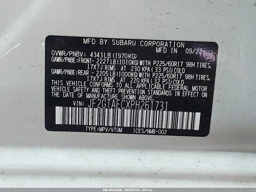 2023 Subaru Xv VIN JF2GTAECXPH261731 IAAI salvage auction — LEFT FRONT, Salvage (Virginia), sold $25 on 2026-07-12 (photo 9)