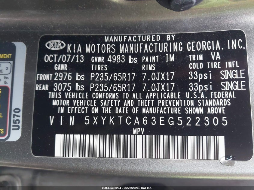2014 Kia Sorento VIN 5XYKTCA63EG522305 IAAI salvage auction — NORMAL WEAR, Clear (New York), sold $1,025 on 2026-07-09 (photo 9)