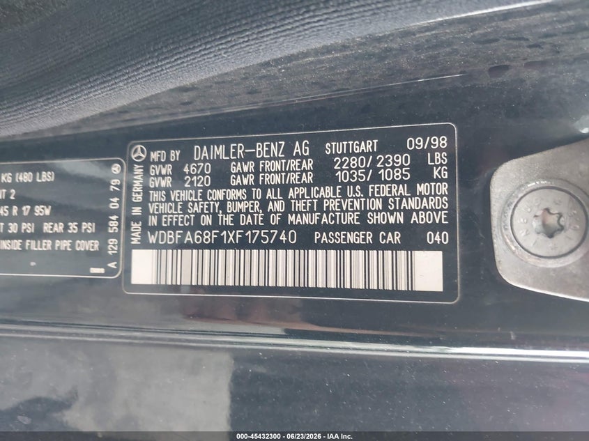 1999 Mercedes-benz Sl-class VIN WDBFA68F1XF175740 IAAI salvage auction — FRONT END, Mv-907A (New York), sold $2,275 on 2026-07-09 (photo 9)
