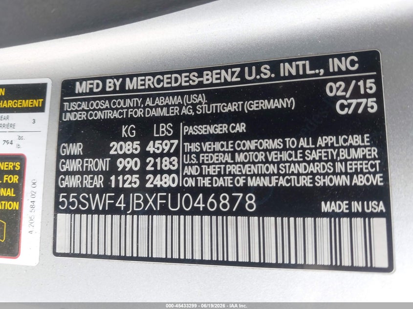 2015 Mercedes-benz C-klasse VIN 55SWF4JBXFU046878 IAAI salvage auction — BIOHAZARD/CHEMICAL, Salvage Title, sold $1,400 on 2026-07-23 (photo 9)