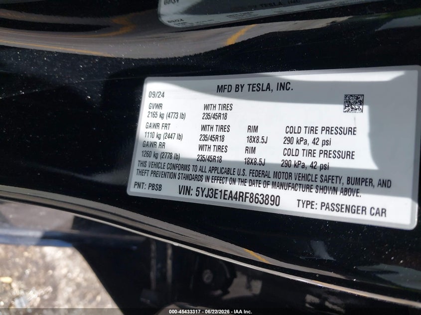 2024 Tesla Model 3 VIN 5YJ3E1EA4RF863890 IAAI salvage auction — REAR END, Salvage Title, sold $11,900 on 2026-08-02 (photo 9)