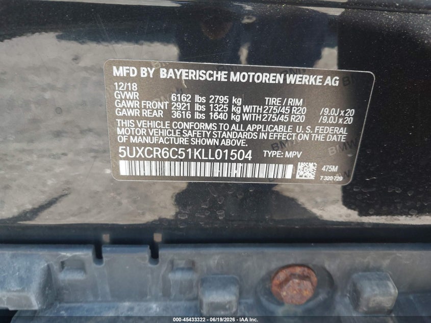 2019 BMW X5 VIN 5UXCR6C51KLL01504 IAAI salvage auction — SIDE, Salvage (Pennsylvania), sold $17,100 on 2026-07-25 (photo 9)