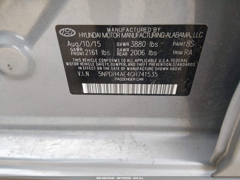 2016 Hyundai Elantra VIN 5NPDH4AE4GH741535 IAAI salvage auction — RIGHT SIDE, Salvage (Texas), sold $1,350 on 2026-07-10 (photo 9)