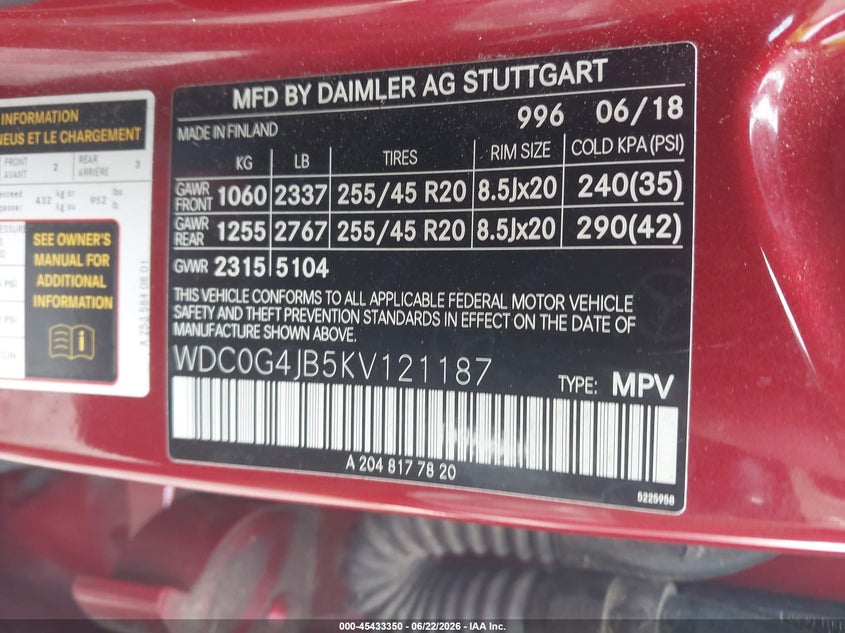 2019 Mercedes-benz Glc VIN WDC0G4JB5KV121187 IAAI salvage auction — FRONT END, Salvage (Georgia), sold $1,600 on 2026-07-28 (photo 9)