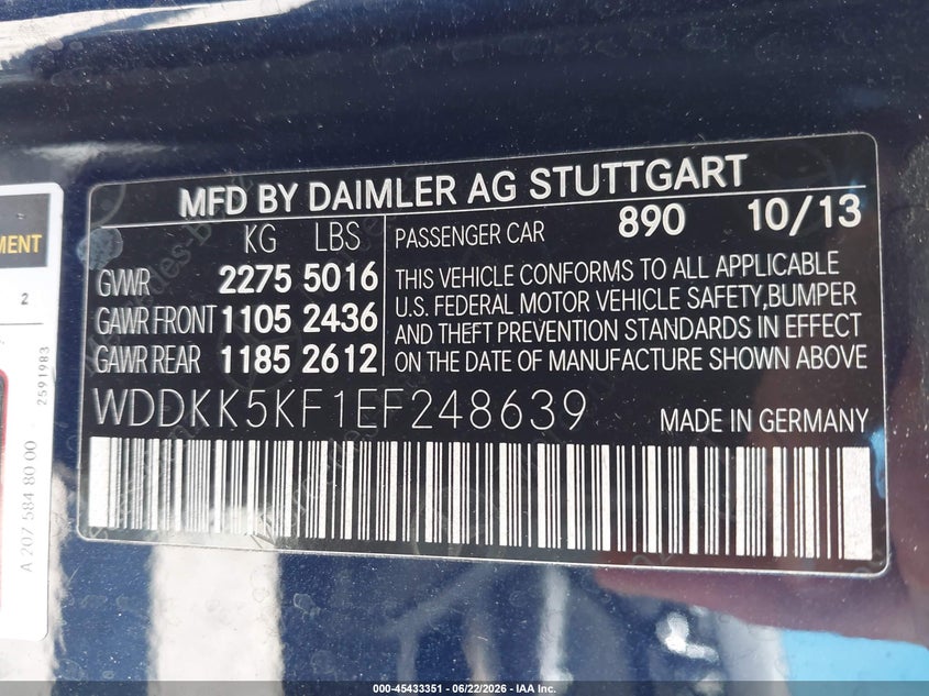 2014 Mercedes-benz E-klasse VIN WDDKK5KF1EF248639 IAAI salvage auction — REAR END, Salvage Title, sold $1,100 on 2026-07-30 (photo 9)