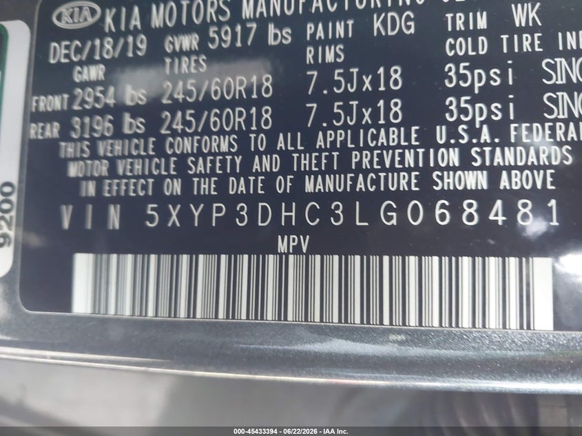 2020 Kia Telluride VIN 5XYP3DHC3LG068481 IAAI salvage auction — FRONT END, Salvage (Virginia), sold $3,400 on 2026-07-27 (photo 9)