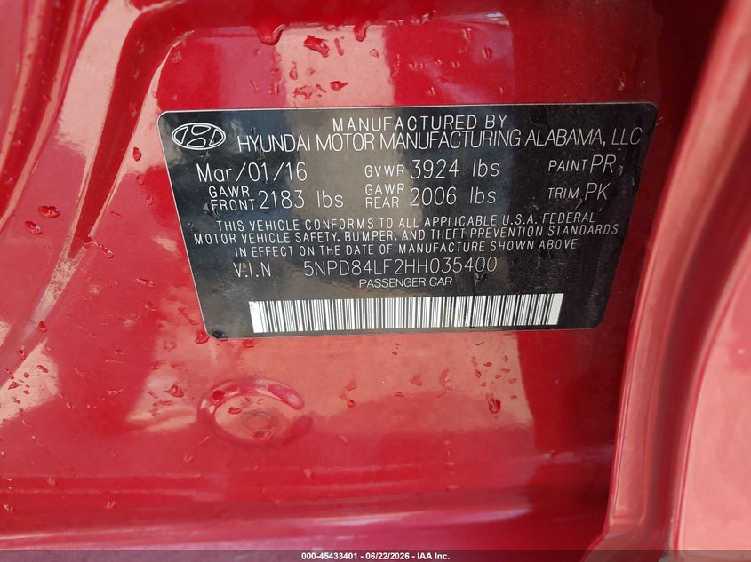 2017 Hyundai Elantra VIN 5NPD84LF2HH035400 IAAI salvage auction — REAR END, Salvage - Greater Than 75% (Maryland), sold $2,550 on 2026-07-18 (photo 9)