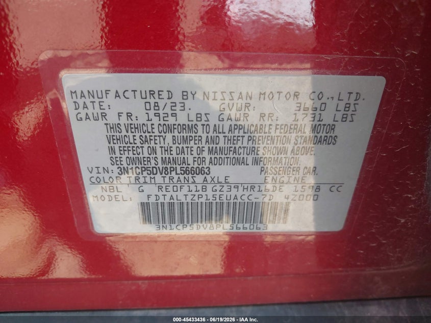 2023 Nissan Kicks VIN 3N1CP5DV8PL566063 IAAI salvage auction — RIGHT SIDE, Salvage Title, sold $7,125 on 2026-08-19 (photo 9)