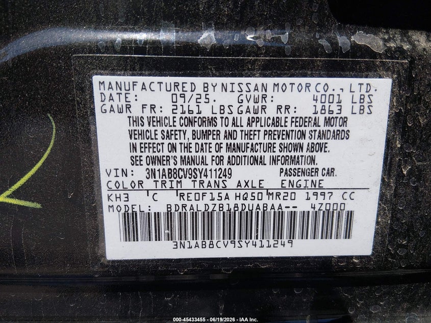 2025 Nissan Sentra VIN 3N1AB8CV9SY411249 IAAI salvage auction — FRONT END, Salvage Title, sold $4,850 on 2026-07-25 (photo 9)