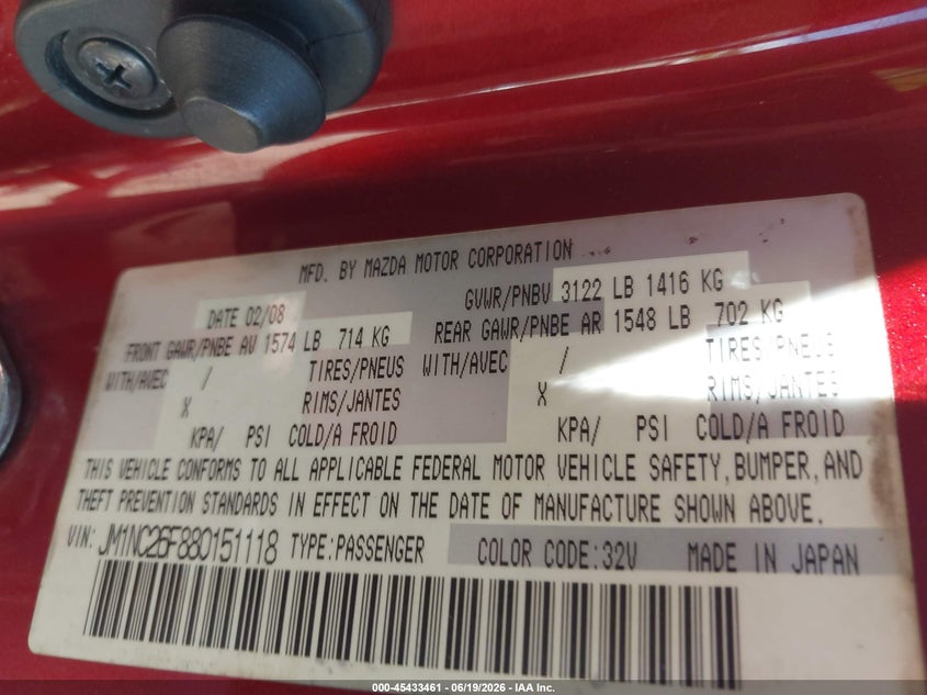 2008 Mazda Mx-5 VIN JM1NC26F880151118 IAAI salvage auction — RIGHT FRONT, Clear (Tennessee), sold $575 on 2026-07-15 (photo 9)