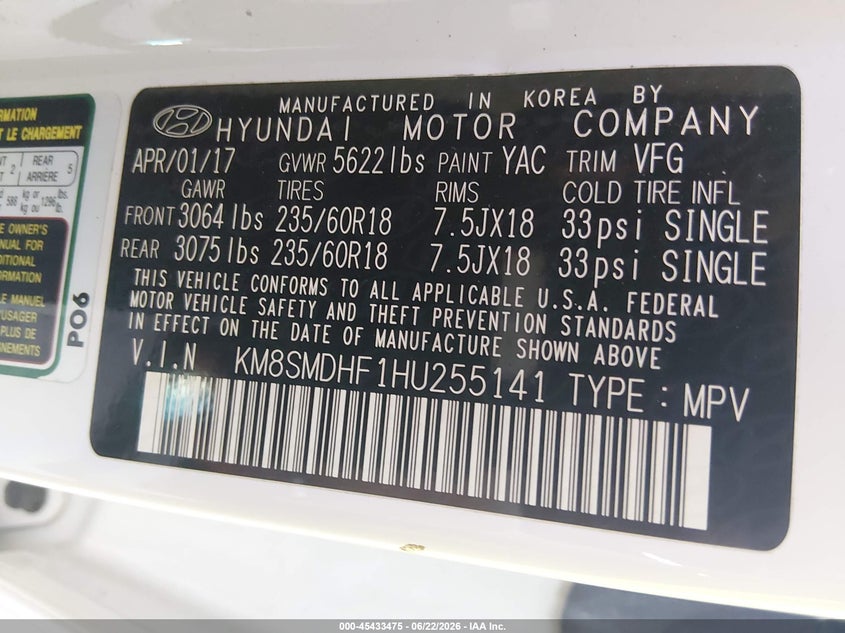 2017 Hyundai Santa fe VIN KM8SMDHF1HU255141 IAAI salvage auction — ENGINE DAMAGE, Clear (Minnesota), sold $2,250 on 2026-07-13 (photo 9)