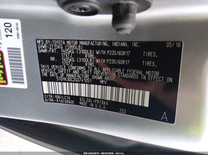 2016 Toyota Sienna VIN 5TDYK3DC2GS741051 IAAI salvage auction — RIGHT SIDE, Salvage (New Jersey), sold $4,600 on 2026-07-27 (photo 9)
