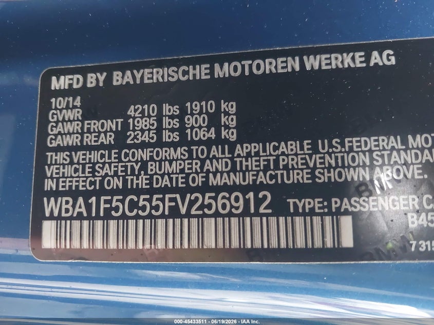 2015 BMW 2er VIN WBA1F5C55FV256912 IAAI salvage auction — REAR END, Salvage (California), sold $4,050 on 2026-07-15 (photo 9)