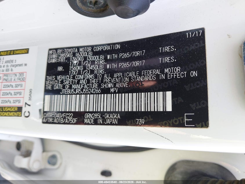 2018 Toyota 4runner VIN JTEBU5JR5J5524266 IAAI salvage auction — FRONT & REAR, Salvage Title, sold $6,550 on 2026-07-17 (photo 9)
