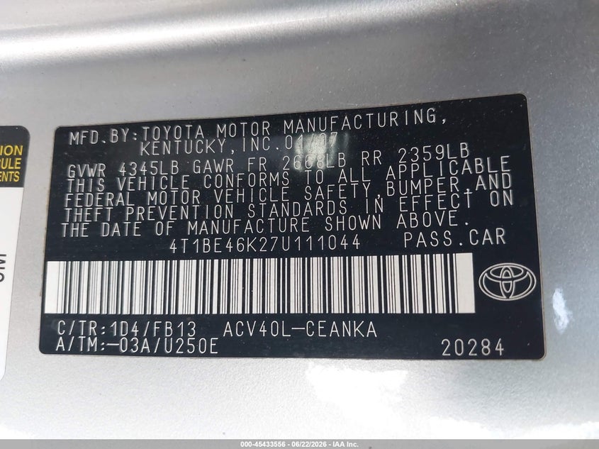 2007 Toyota Camry VIN 4T1BE46K27U111044 IAAI salvage auction — RIGHT FRONT, Salvage (Arizona), sold $750 on 2026-07-11 (photo 9)