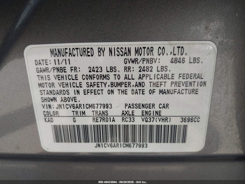 2012 Infiniti G VIN JN1CV6AR1CM677993 IAAI salvage auction — FRONT END, Mv-907A (New York), sold $1,275 on 2026-07-07 (photo 9)