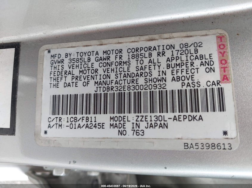 2003 Toyota Corolla VIN JTDBR32E830020932 IAAI salvage auction — FRONT END, Rebuildable (Florida), sold $775 on 2026-07-09 (photo 9)