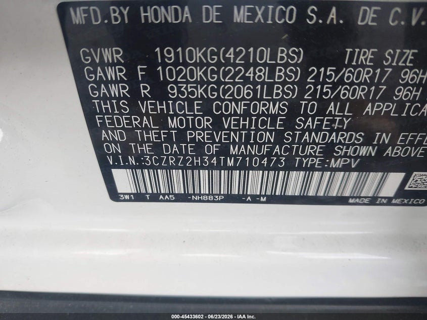 2026 Honda Hr-v VIN 3CZRZ2H34TM710473 IAAI salvage auction — REAR END, Salvage Title, sold $7,100 on 2026-07-28 (photo 9)