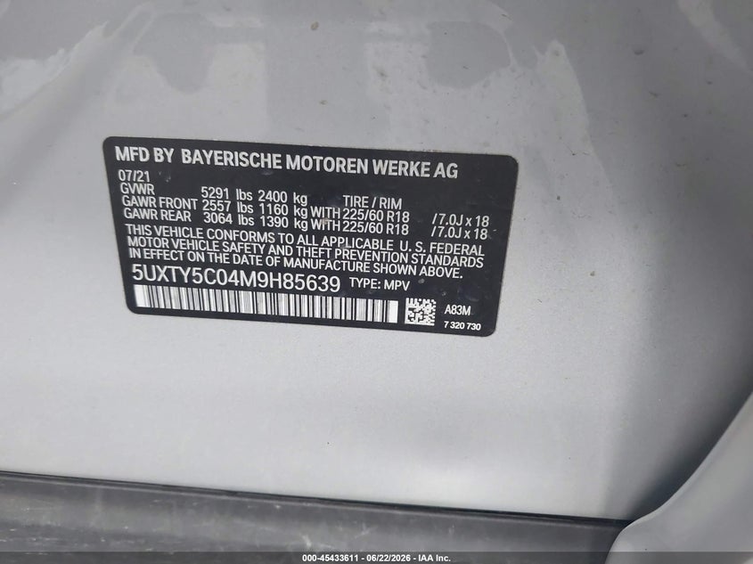 2021 BMW X3 VIN 5UXTY5C04M9H85639 IAAI salvage auction — LEFT REAR, Salvage (Pennsylvania), sold $9,900 on 2026-07-14 (photo 9)