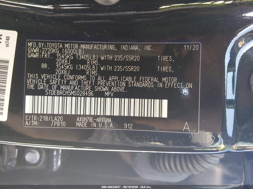 2021 Toyota Highlander VIN 5TDEBRCH5MS028496 IAAI salvage auction — RIGHT FRONT, Salvage Title, sold $16,800 on 2026-07-22 (photo 9)