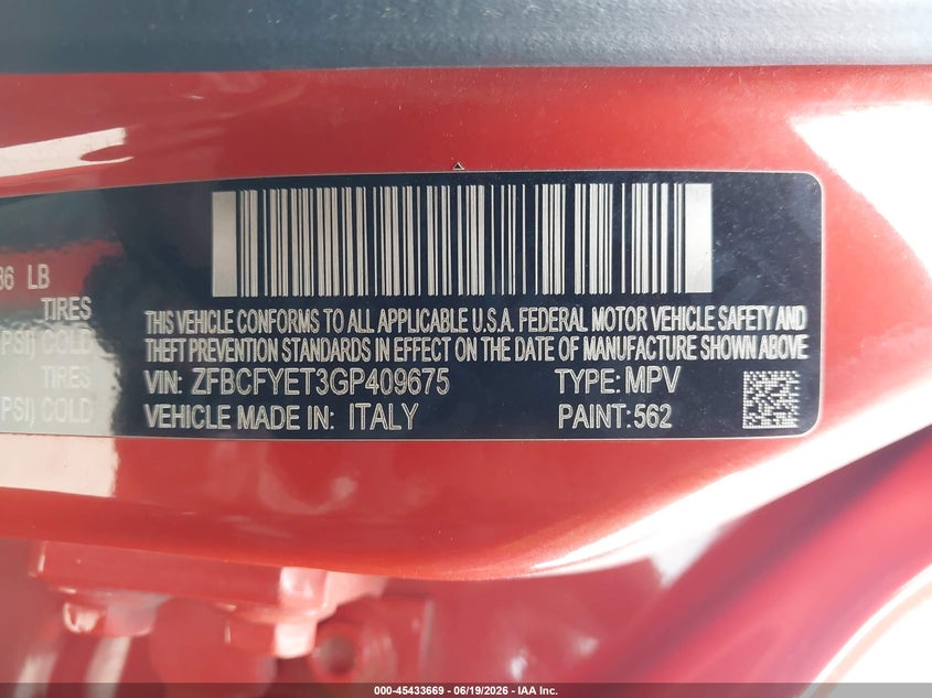 2016 Fiat 500x VIN ZFBCFYET3GP409675 IAAI salvage auction — NORMAL WEAR, Original (Texas), sold $650 on 2026-07-28 (photo 9)