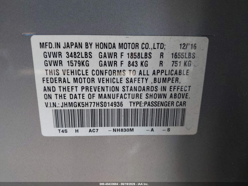 2017 Honda Fit VIN JHMGK5H77HS014936 IAAI salvage auction — REAR END, Salvage (California), sold $2,950 on 2026-07-20 (photo 9)