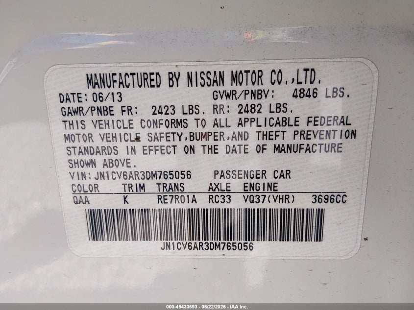 2013 Infiniti VIN JN1CV6AR3DM765056 IAAI salvage auction — FRONT END, Salvage Title, sold $2,900 on 2026-07-18 (photo 9)